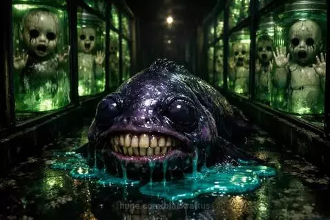 Grotesque purple fish creature with bulging eyes and toothy grin in glowing turquoise goo, with creepy dolls in green liquid in jars.