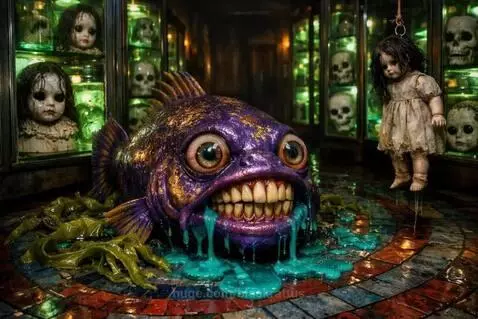 A large, grotesque purple fish with golden scales and bulging eyes spewing green goo, about to eat a doll hanging from a rope.