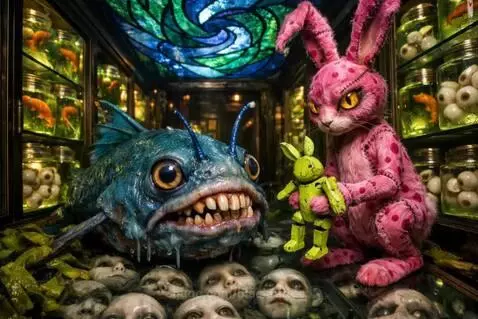 Monstrous blue fish with glowing eyes in a gothic lab, eating a small puppet, with disembodied faces and jars of eyeballs.