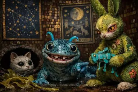 Three whimsical puppet creatures, a green rabbit, blue newt, and white cat, playing with a blue grasshopper toy in a dark, fantastical room.