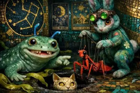 Teal rabbit with goggles controls a mantis marionette, a smiling newt watches, and a cat emerges from the ground.