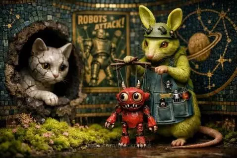 A cracked-texture cat watches a rat-like creature with a helmet and apron operate a red horned puppet in a miniature mossy world.