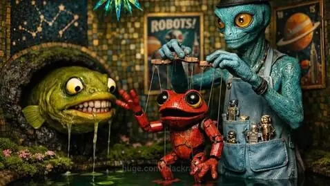 Alien with blue skin and yellow eyes manipulates a frog puppet over water; a fish jumps from the water.