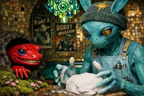 Blue alien creature with orange eyes wearing a beanie, shaping clay into a white horse figurine.
