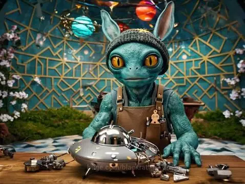 Blue alien with large ears and yellow eyes assembling a silver toy flying saucer at a wooden table.