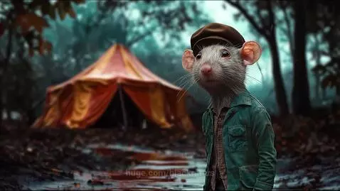 Anthropomorphic rat in a cap and jacket stands on a muddy path, looking at a brightly glowing circus tent in a dark, rainy forest.