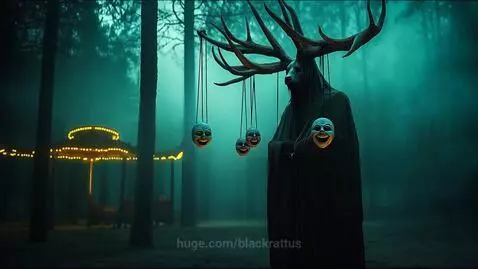 Tall cloaked creature with deer antlers and laughing masks in a foggy, haunted amusement park forest.