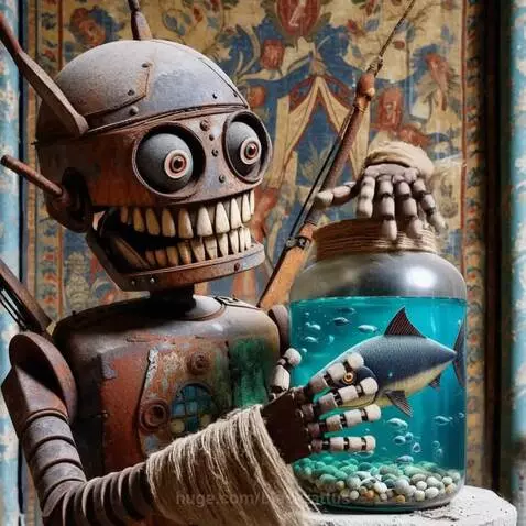 Anthropomorphic rusty robot with expressive eyes and sharp teeth reaching into a jar to grab a yellow and red fish.