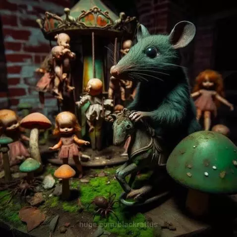 A large dark rat stands beside an ornate carousel populated by small, antique dolls, set on a mossy ground with mushrooms.