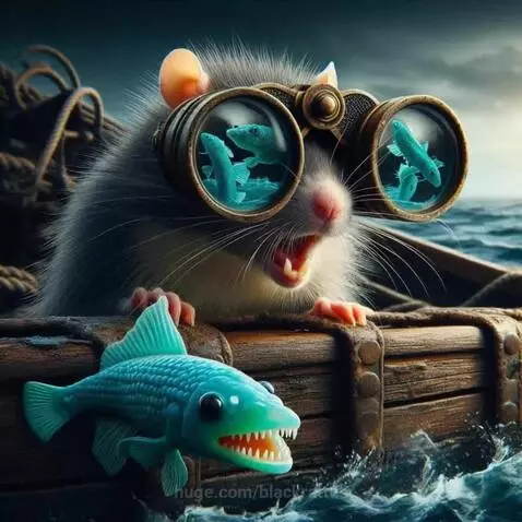 A grey rat wearing binoculars in a small boat on the ocean, with a pirate ship in the distance.
