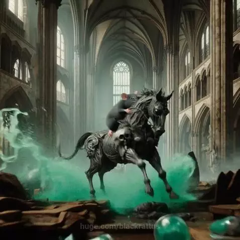 A rat riding a skeletal, ornate demon horse in a ruined gothic cathedral with green mist.