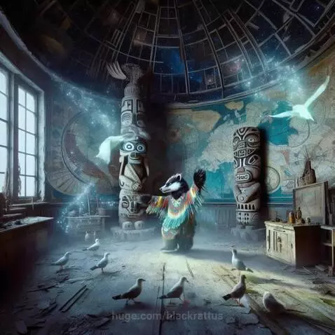 A badger-like creature in a colorful fringed outfit dances in a grand room with totem poles and celestial map, surrounded by magical birds.