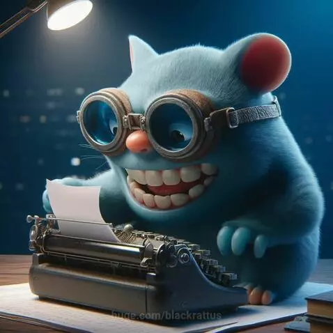 Anthropomorphic light blue creature with goggles typing on a typewriter, then laughing and tossing paper.