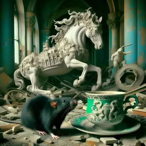 Ornate white horse statue drinking from a teacup in a ruined gothic hall, observed by a black rat.