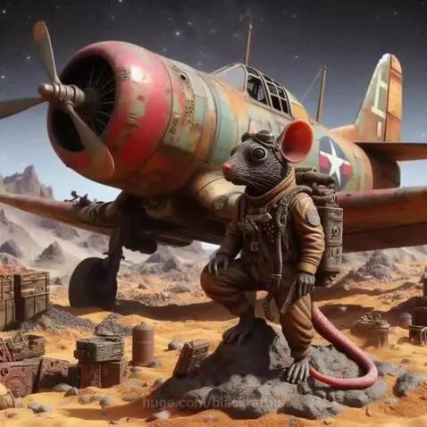 Anthropomorphic rat in pilot uniform climbs into a vintage WWII propeller plane on a rocky, star-filled Mars landscape.