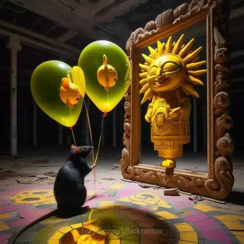 A black rat holds glowing balloons with mouse faces, facing a sun deity emerging from a wooden frame.