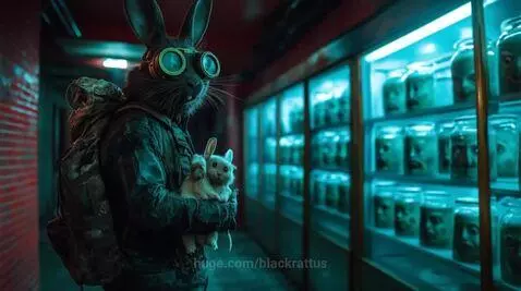 Anthropomorphic rabbit in goggles and backpack in a red-lit corridor, surrounded by jars containing preserved human heads.