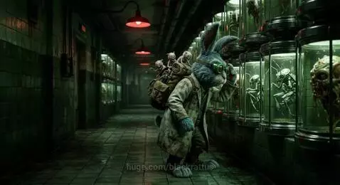 Anthropomorphic bunny scientist in lab coat and goggles walking past jars of mutated creatures.