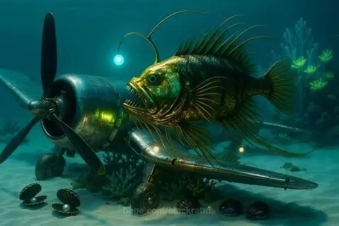 Anglerfish and sunken WWII Corsair by blackrattus