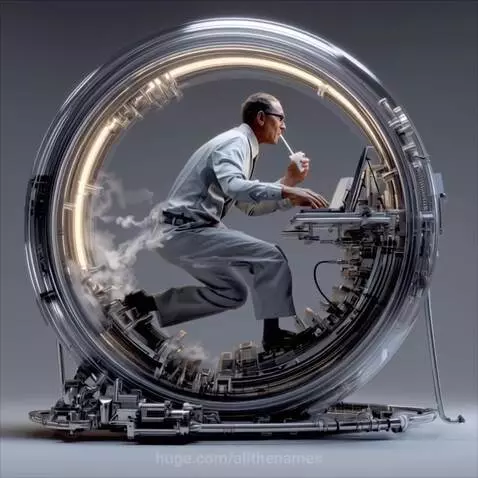 Man in glasses running inside a transparent, circular, futuristic machine with a laptop and glowing lights.