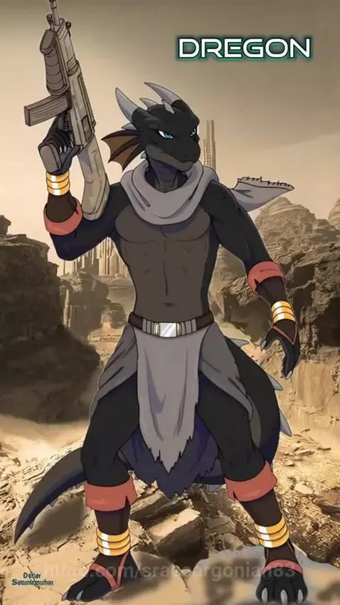 Anthropomorphic dragon character Dregon laughing heartily in a desert landscape with ancient ruins and a futuristic rifle.