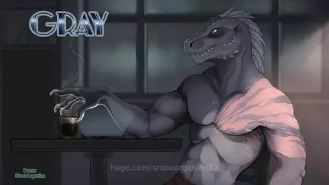 Anthropomorphic T-Rex with blue eyes sitting at a table with a mug, looking concerned.