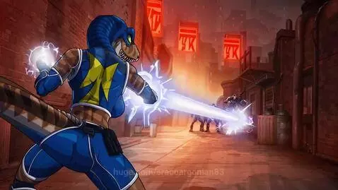 Superhero velociraptor Ruby powering up with energy in her hands before firing a blast.