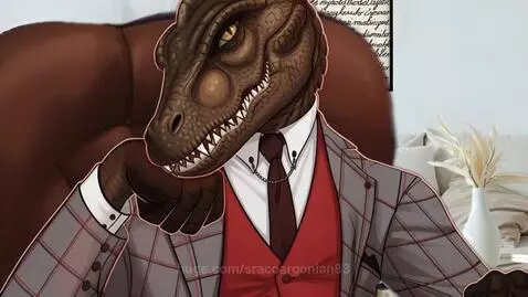 Anthropomorphic alligator character in a grey plaid suit and red vest, resting chin on hand, with a serious expression.