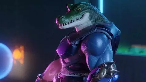 Anthropomorphic alligator character in detailed blue and purple armor, grinning menacingly.