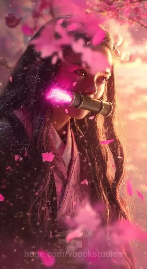 hotorealistic IMAX cinematic portrait of Nezuko with glowing... by vbookstudios