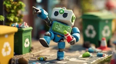 Animated blue and white robot with green accents dancing energetically outdoors near recycling bins.