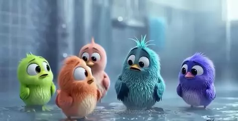 Five colorful animated birds in Disneyland, one looking surprised at a large mouse character.