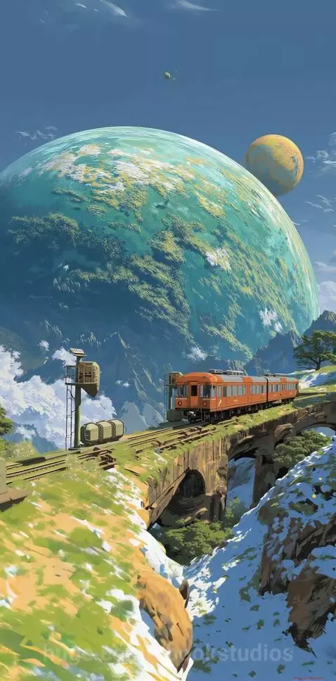 Fantasy landscape with a giant planet, green and blue continents, an orange train on a stone bridge, rolling hills, and mountains.