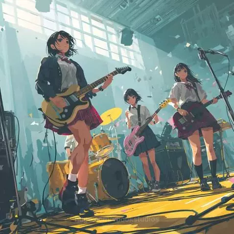 Anime high school girl band performing on a brightly lit stage with confetti falling.