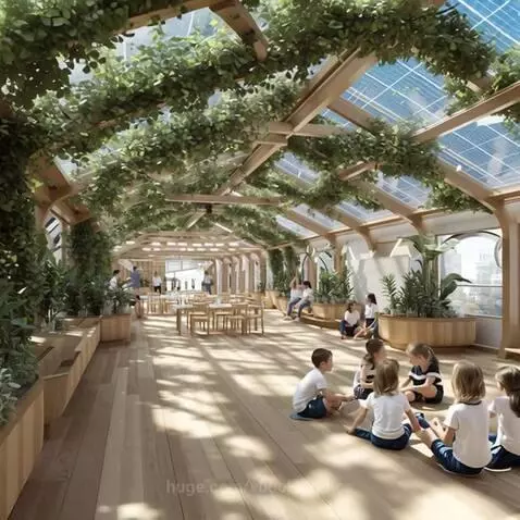 Children sitting in a circle on a wooden floor in a modern indoor space with high ceilings, solar panel roof, and abundant plants.