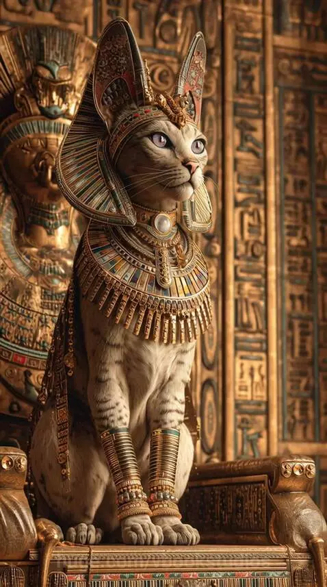 A majestic cat with purple eyes wearing an ancient Egyptian pharaoh headdress and gold jewelry, seated on a golden throne.