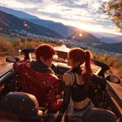 Couple with red hair driving a convertible on a mountain road during a vibrant sunset.