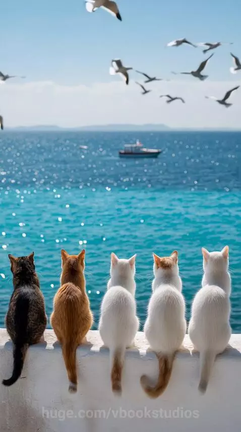 Five cats of various colors sit in a row facing a bright turquoise sea and blue sky.