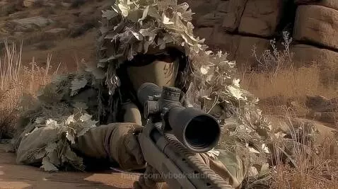 Person in ghillie camouflage suit with dry leaves, holding a sniper rifle, lying on dusty ground.