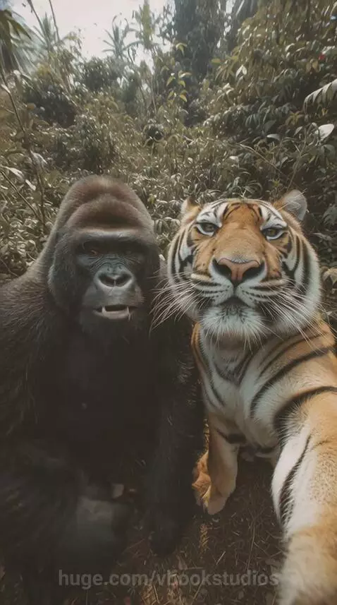 A gorilla and a tiger pose for a selfie in a lush jungle, with the gorilla making a peace sign.