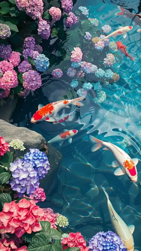 Overhead view of a serene pond with colorful koi fish swimming among pink, purple, and blue hydrangeas.