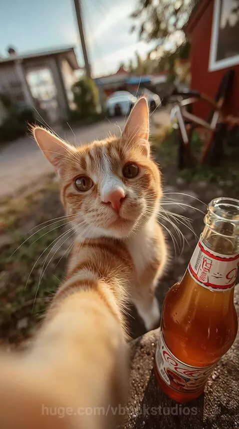 Orange and white tabby cat looking into the camera as if taking a selfie, with a paw extended.