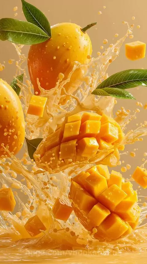 Whole and diced ripe yellow mangoes suspended in mid-air with golden juice splashes and green leaves.