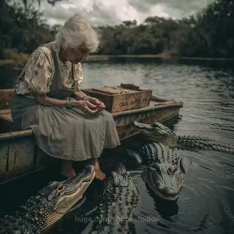 Elderly woman with white hair sits barefoot on a boat edge, calmly observing alligators in the water around her.