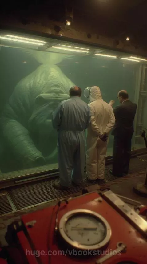 A large, green, grotesque alien creature with wrinkled skin and a big head submerged in murky water in an experimental tank.