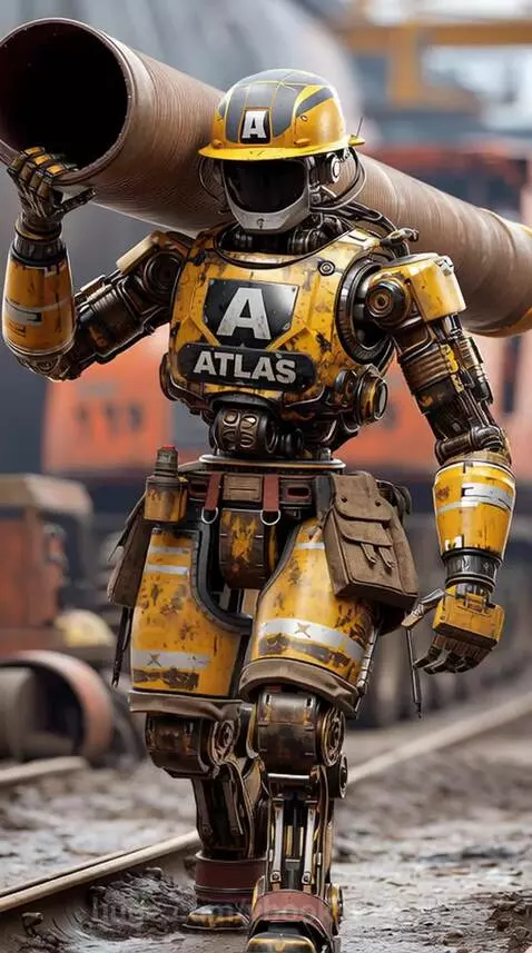 Yellow and black Atlas robot with hard hat carrying a large pipe, walking on train tracks at a construction site.