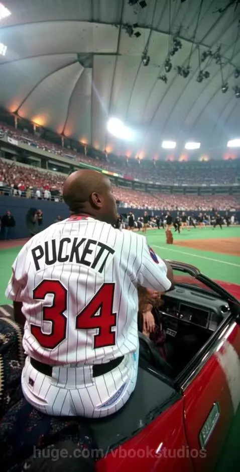 Kirby Puckett wearing a Minnesota Twins jersey sits in a red convertible inside a large, domed baseball stadium with spectators.