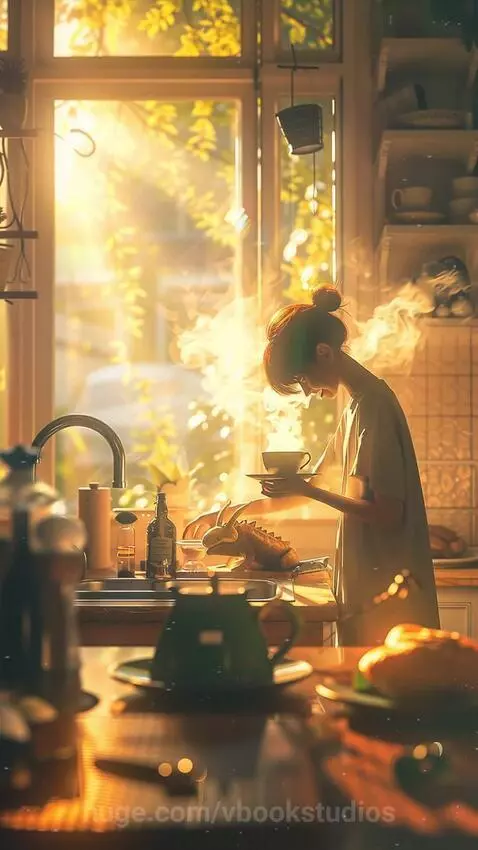 Young person in a sunlit kitchen holding coffee, with a small dragon toasting bread on the counter.