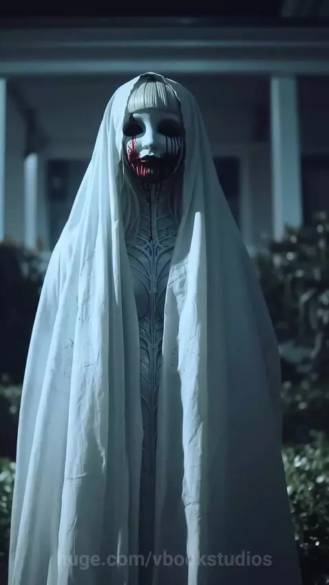 Figure in a white sheet and mask with red dripping, standing in a dark, ominous outdoor setting with a house.