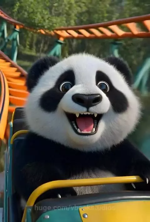 Animated panda with a huge smile riding a roller coaster with motion blur, set against a backdrop of amusement park tracks and trees.